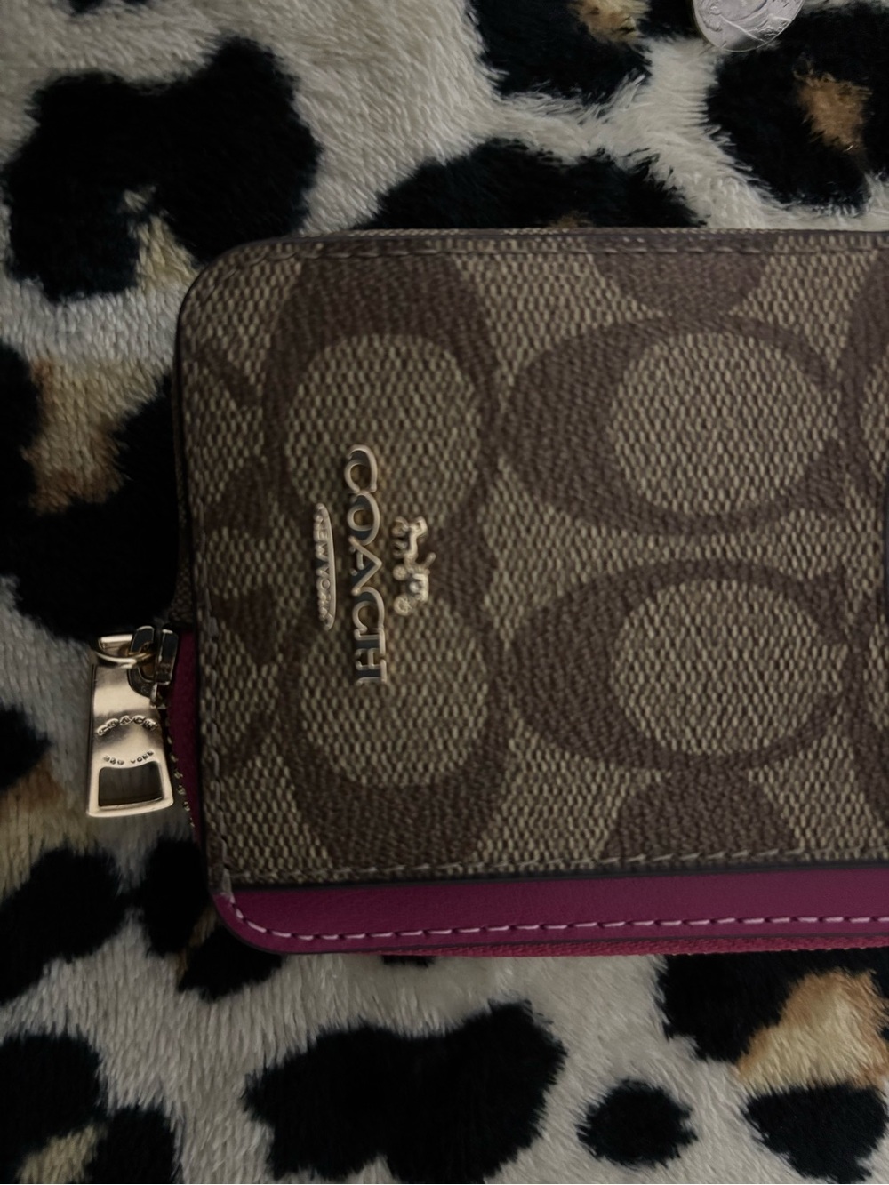 Coach Brown Monogram Card Case with Magenta Trim and Gold Chain - Picture 3 of 9